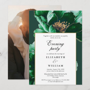Emerald Green Floral Evening Party Wedding Photo Invitation