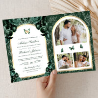 Emerald Green Floral Gold Arch Butterfly Wedding