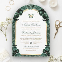 Emerald Green Floral Gold Arch Butterfly Wedding