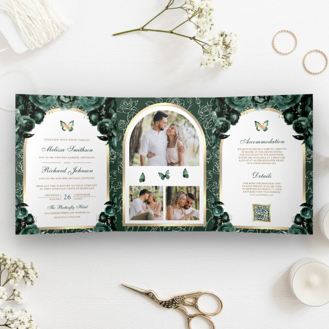 Emerald Green Floral Gold Arch Butterfly Wedding Tri-Fold Invitation (Creator Uploaded)