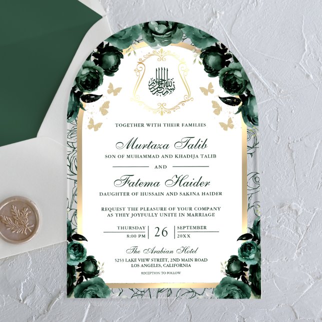 Emerald Green Floral Gold Arch Muslim Wedding Acrylic Invitations (Creator Uploaded)