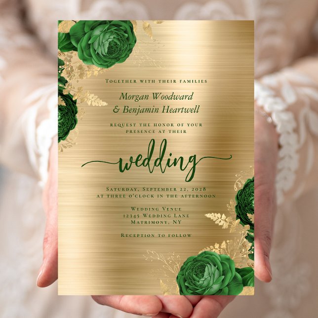 Emerald Green Floral Gold Brushed Metal Wedding Invitation (Creator Uploaded)