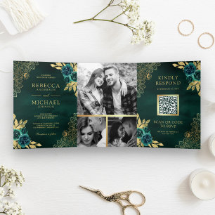 Emerald Green Floral Gold Lace QR Code Wedding Tri-Fold Invitation