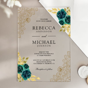 Emerald Green Floral Gold Lace Wedding Acrylic Invitations