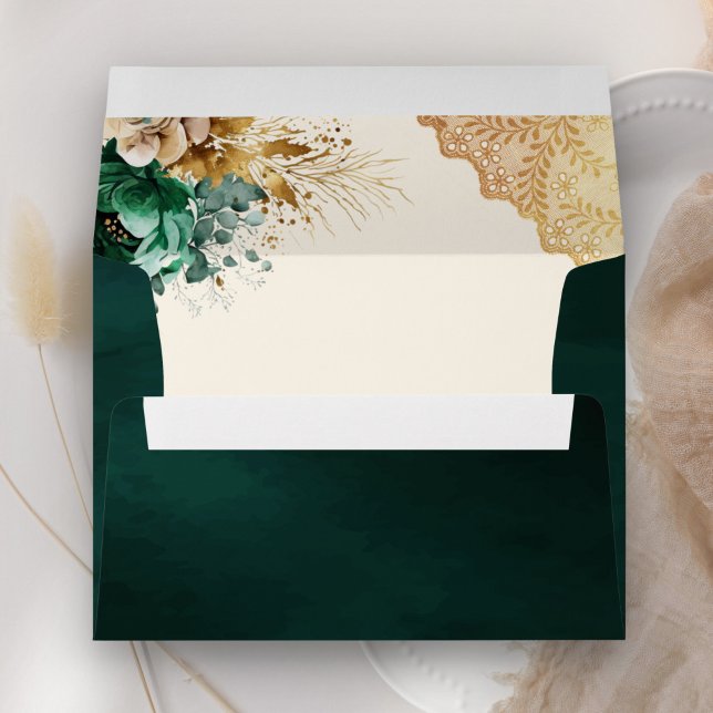 Emerald Green Floral Gold Lace Wedding Envelope (Creator Uploaded)