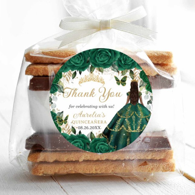 Emerald Green Floral Gold Princess Quinceanera 16 Classic Round Sticker (Creator Uploaded)