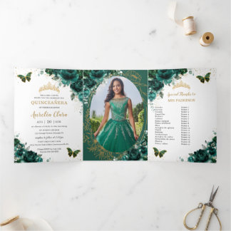 Emerald Green Floral Gold Quinceañera 15 Photos Tri-Fold Invitation