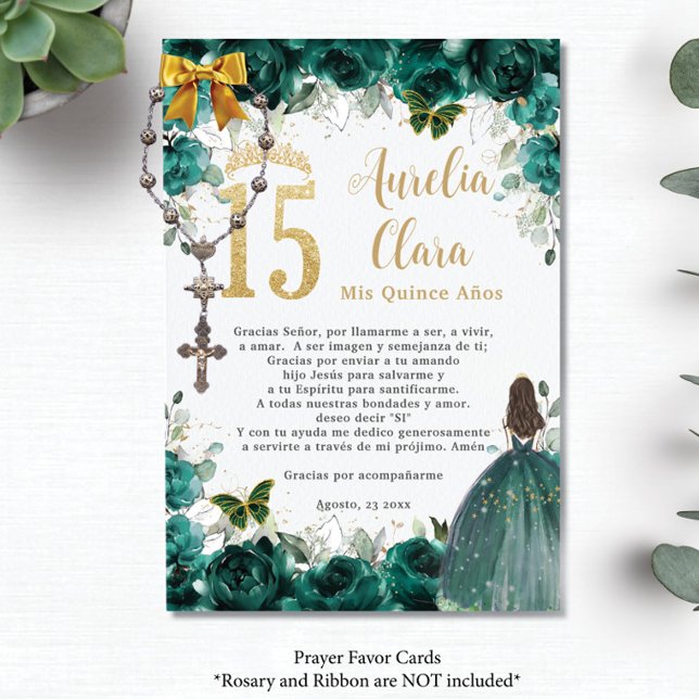 Emerald Green Floral Gold Quinceañera Prayer Card (Creator Uploaded)