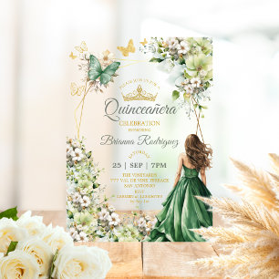 Emerald Green Floral Golden Butterfly Quinceañera Acrylic Invitations