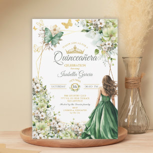 Emerald Green Floral Golden Butterfly Quinceañera Invitation