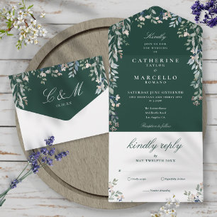 Emerald Green Floral Greenery Cascade Wedding All In One Invitation