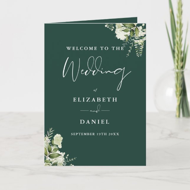 Emerald Green Floral Greenery Wedding  Programme (Front)