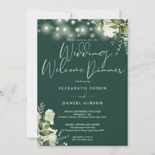 Emerald Green Floral Lights Wedding Welcome Dinner Invitation