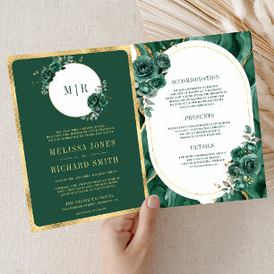 Emerald Green Floral Marble All in One Wedding Invitation