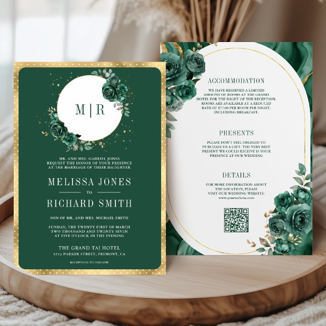 Emerald Green Floral Marble All in One Wedding Invitation (Creator Uploaded)