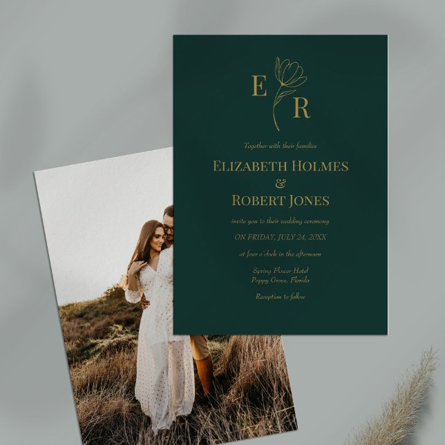 Emerald Green Floral Monogram Photo Wedding  Invitation (Emerald Green Floral Monogram Photo Wedding Invitation on a table.)