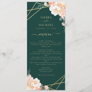 Emerald Green Floral Peach Gold Wedding Reception Menu