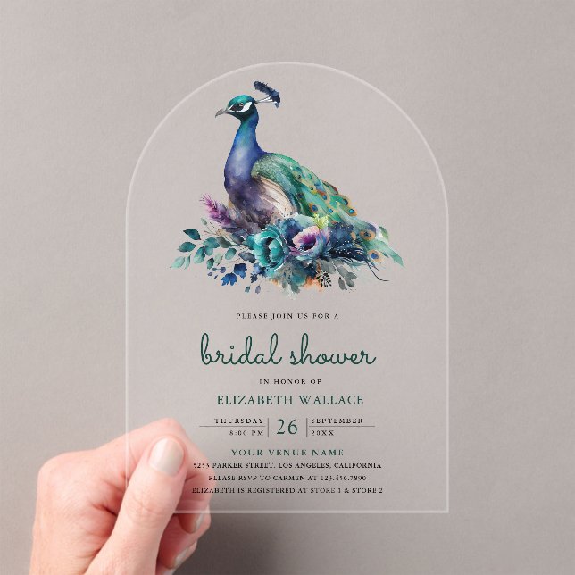 Emerald Green Floral Peacock Bridal Shower Acrylic Invitations (Insitu (Handheld))