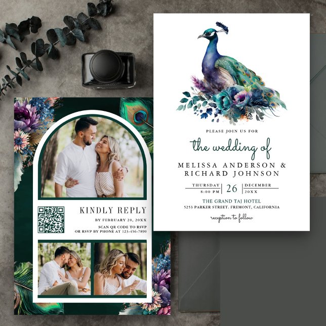 Emerald Green Floral Peacock Photo QR Code Wedding Invitation (Creator Uploaded)