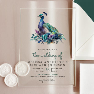 Emerald Green Floral Peacock Wedding Acrylic Invitations