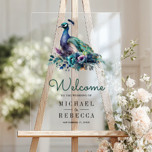 Emerald Green Floral Peacock Wedding Welcome Acrylic Sign
