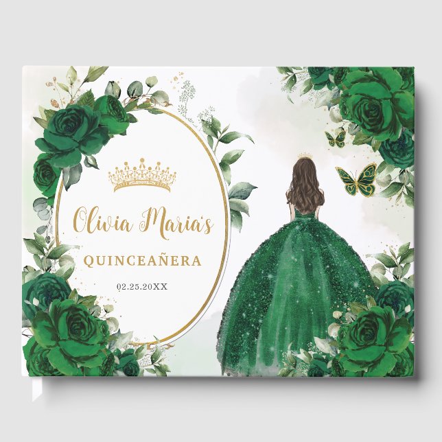 Emerald Green Floral Princess Dress Quinceanera Guest Book (Front)