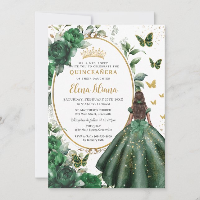 Emerald Green Floral Princess Dress Quinceañera  Invitation (Front)