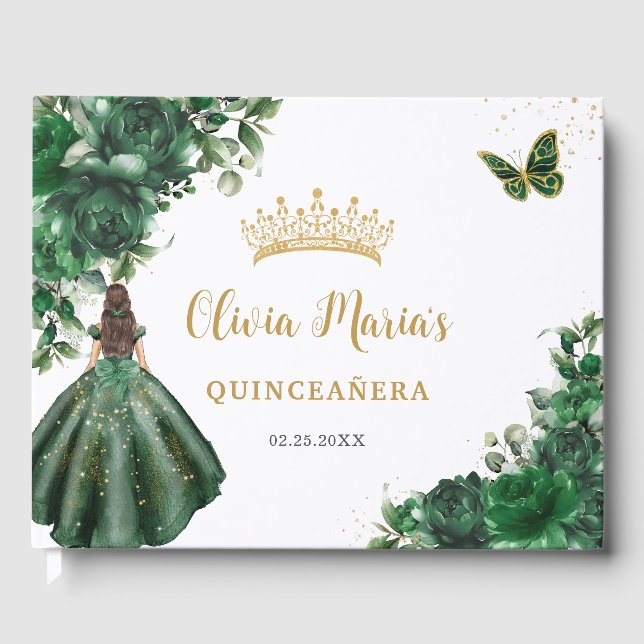 Emerald Green Floral Princess Gold Quinceanera Guest Book (Front)