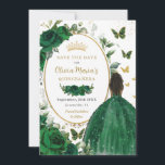 Emerald Green Floral Princess Gold Quinceañera Save The Date<br><div class="desc">Personalize this pretty emerald green floral Quinceañera / Sweet 16 birthday save the date easily and quickly. Simply click the customize it further button to edit the texts, change fonts and fonts colors. Featuring a girl dressed in a beautiful glittery green ball gown, vibrant green roses, butterflies and a gold...</div>