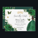Emerald Green Floral Princess Gold Quinceañera Save The Date<br><div class="desc">Personalize this pretty emerald green floral Quinceañera / Sweet 16 birthday save the date easily and quickly. Simply click the customize it further button to edit the texts, change fonts and fonts colors. Featuring a girl dressed in a beautiful glittery emerald green ball gown, vibrant emerald green roses, butterflies and...</div>