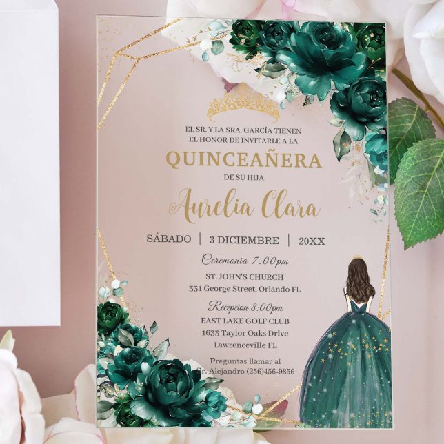 Emerald Green Floral Princess Gold Quinceañera XV  Acrylic Invitations (emerald green floral gold Quinceañera princess dress hispanic spanish girl birthday acrylic invite)