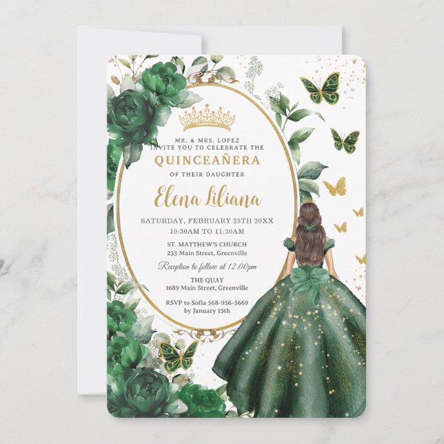 Emerald Green Floral Princess Gown Quinceañera  Invitation (Front)