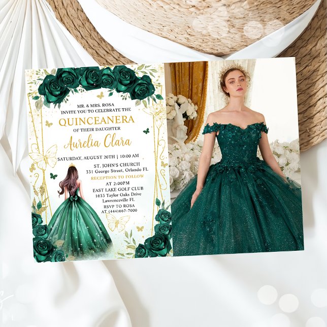 Emerald Green Floral Princess Quinceañera Photo Invitation (Creator Uploaded)