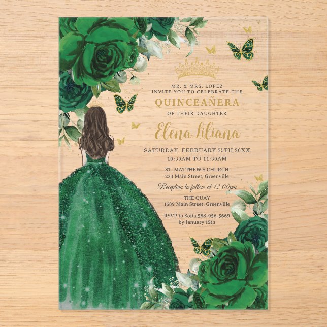 Emerald Green Floral Princess Quinceañera Sweet 16 Acrylic Invitations (Front)