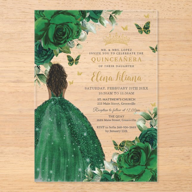 Emerald Green Floral Princess Quinceañera Sweet 16 Acrylic Invitations (Front)