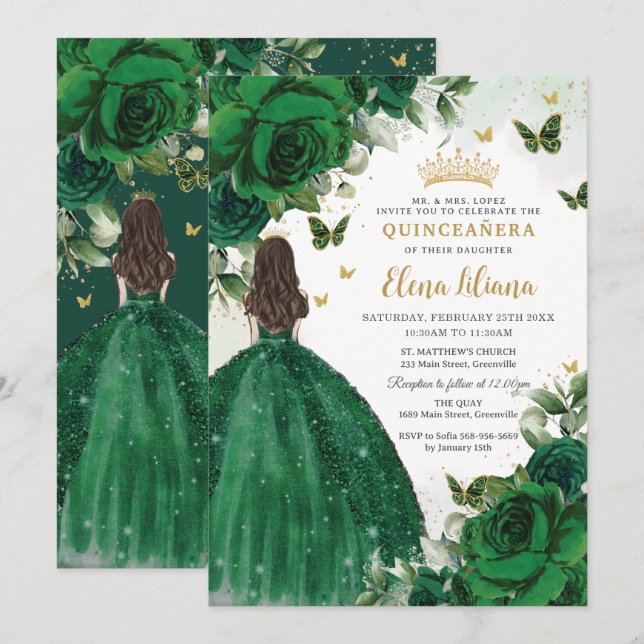 Emerald Green Floral Princess Quinceañera Sweet 16 Invitation (Front/Back)