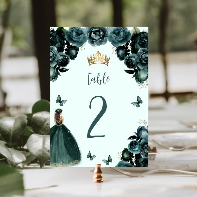 Emerald Green Floral Princess Quinceañera Table Number (Creator Uploaded)