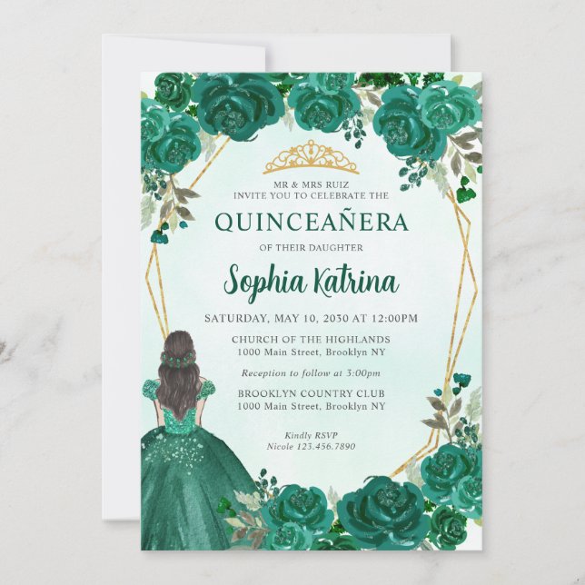 Emerald Green Floral Princess Tiara Quinceañera In Invitation (Front)