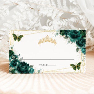 Emerald Green Floral Quinceañera 16th Birthday Place Card