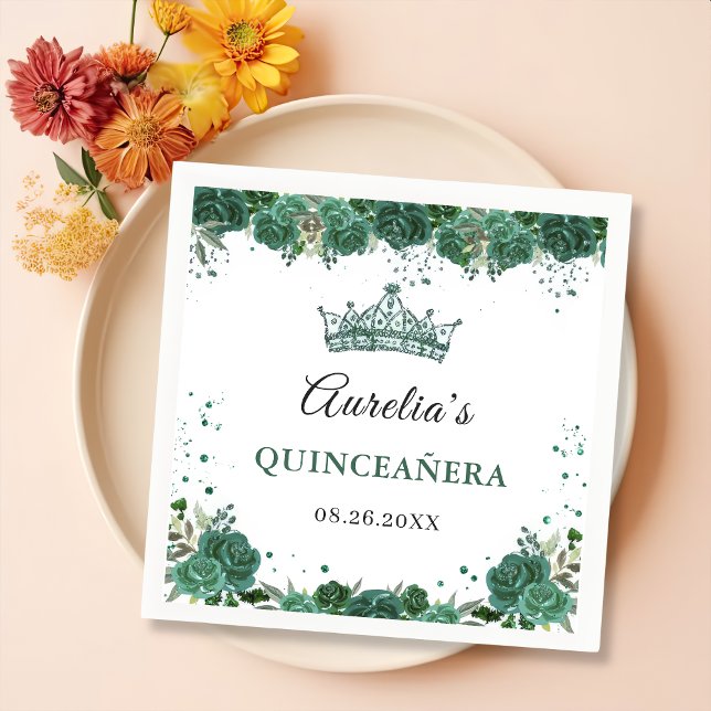 Emerald Green Floral Quinceanera Birthday Napkin (Creator Uploaded)