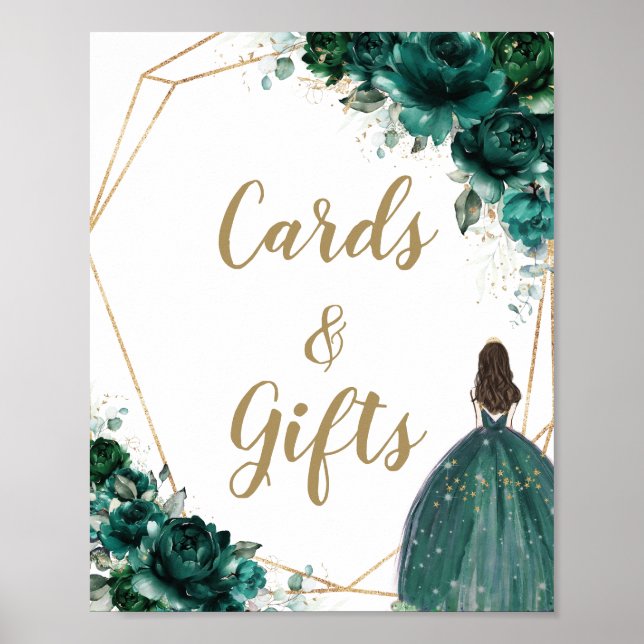 Emerald Green Floral Quinceañera Cards and Gifts  Poster (Front)