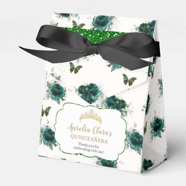Emerald Green Floral Quinceañera Crown Butterflies Favour Box (Front Side)