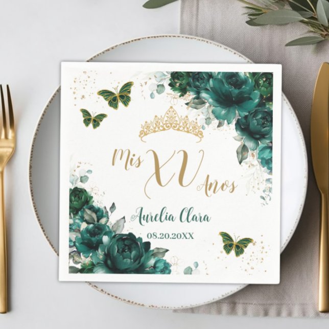 Emerald Green Floral Quinceanera Gold Butterflies Napkin (Creator Uploaded)