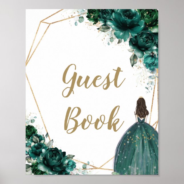 Emerald Green Floral Quinceañera Guest Book Sign (Front)