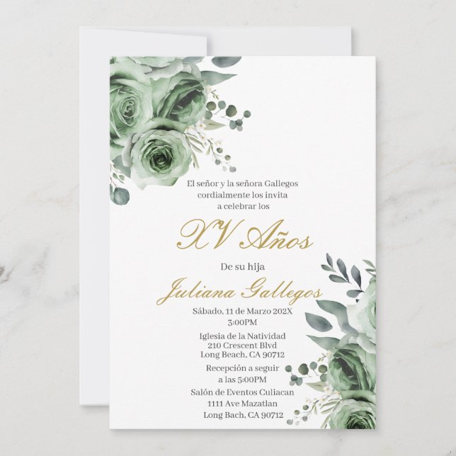 Emerald green floral Quinceanera invitation (Front)