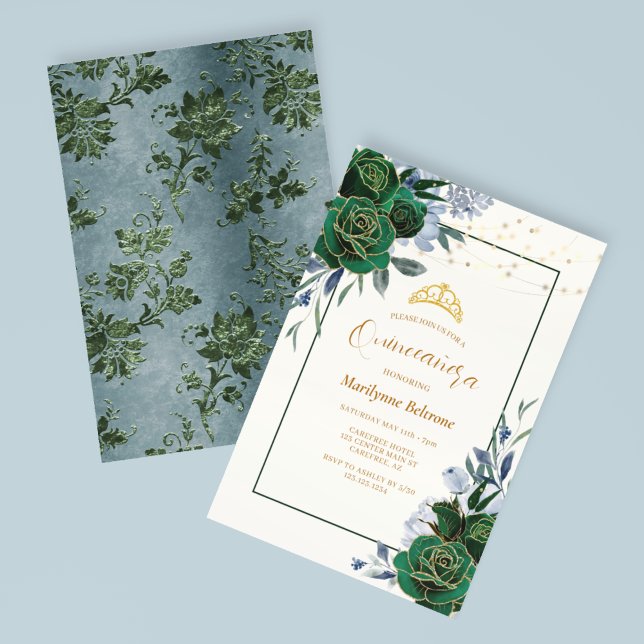 Emerald Green Floral Quinceañera Invitation (Creator Uploaded)