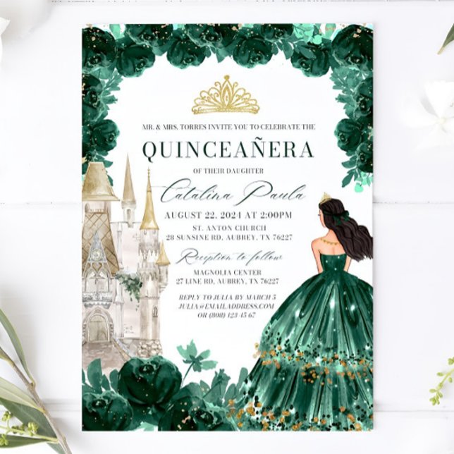 Emerald Green Floral Quinceanera Invitation Castle (Creator Uploaded)