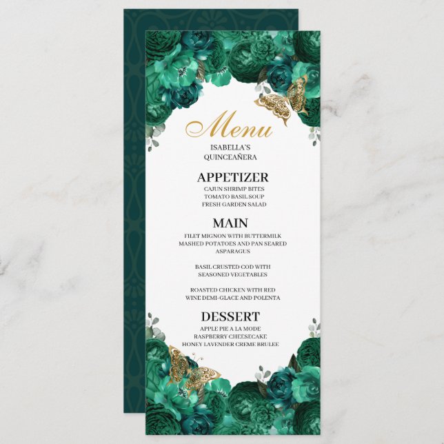 Emerald Green Floral Quinceanera Menu Invitation (Front/Back)