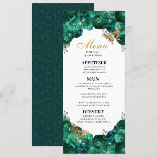 Emerald Green Floral Quinceanera Menu Invitation