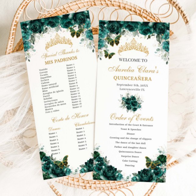 Emerald Green Floral Quinceañera Order of Events Programme (Creator Uploaded)